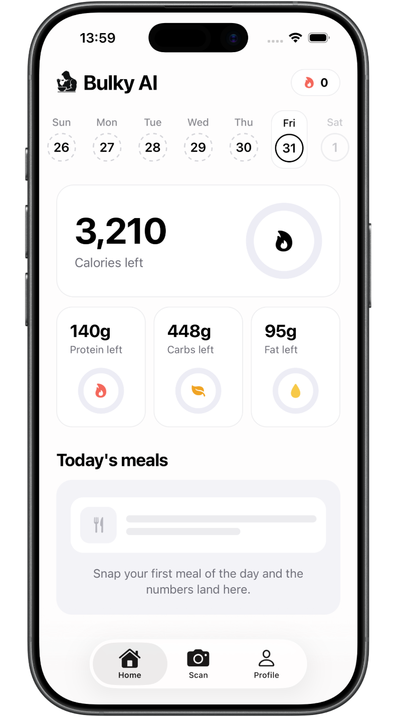 The Bulky AI home screen showing calories and macros left for the day